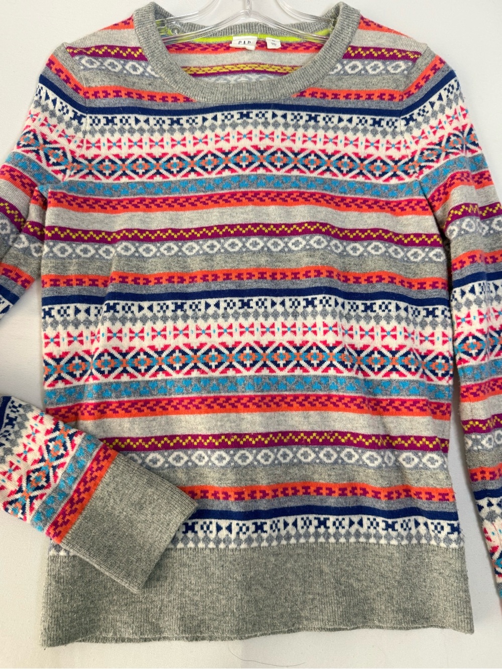 GAP Gray Crewneck Sweater with Multicolor Fair Isle Stripes XS - Picture 2 of 9